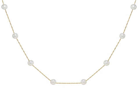 White Cultured Freshwater Pearl 14k Yellow Gold Station Necklace