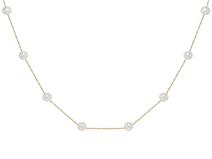 White Cultured Freshwater Pearl 14k Yellow Gold Station Necklace