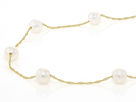 White Cultured Freshwater Pearl 14k Yellow Gold Station Necklace