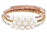 White Cultured Freshwater Pearl and Multi-Color Hematite Memory Wire Bracelet Set of 3
