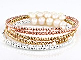 White Cultured Freshwater Pearl and Multi-Color Hematite Memory Wire Bracelet Set of 3