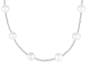 Picture of White Cultured Freshwater Pearl and White Hematite Rhodium Over Sterling Necklace