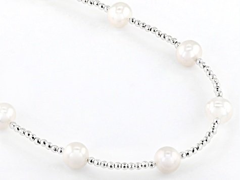 White Cultured Freshwater Pearl and White Hematite Rhodium Over Sterling Necklace