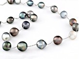 Black Cultured Tahitian Pearl Rhodium Over Sterling Silver Station Necklace