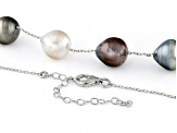 Black Cultured Tahitian Pearl Rhodium Over Sterling Silver Station Necklace