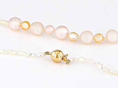 White and Multi-Color Cultured Japanese Akoya Pearl 14k Yellow Gold Necklace