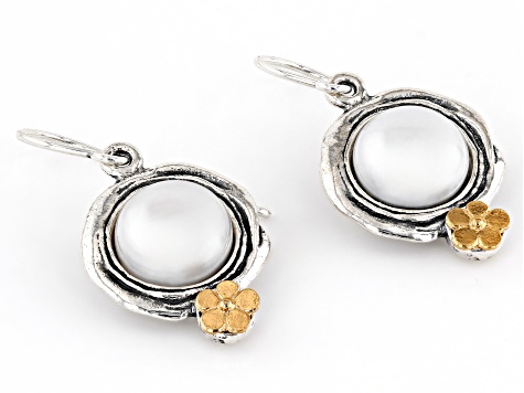 White Cultured Freshwater Pearl Two-Tone Sterling Silver & 14k Yellow Gold Over Sterling Earrings