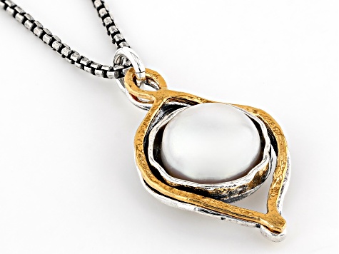 White Cultured Freshwater Pearl Two-Tone Sterling Silver and 14k Yellow Gold Over Pendant Necklace