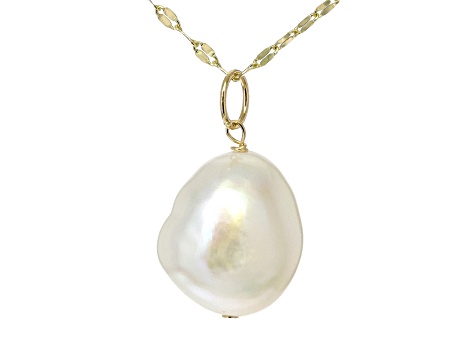 White Cultured Freshwater Pearl 14k Yellow Gold Mirror Link 18 inch Necklace