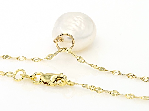 White Cultured Freshwater Pearl 14k Yellow Gold Mirror Link Necklace