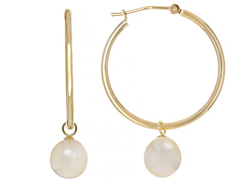 White Cultured Freshwater Pearl 14k Yellow Gold Hoop Earrings