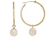 White Cultured Freshwater Pearl 14k Yellow Gold Hoop Earrings