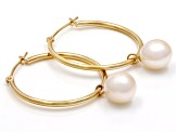 White Cultured Freshwater Pearl 14k Yellow Gold Hoop Earrings
