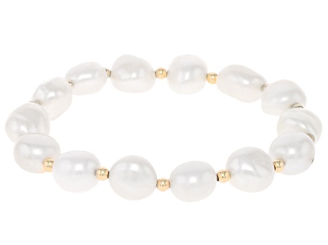 White Cultured Freshwater Pearl 14k Yellow Gold Stretch Bracelet