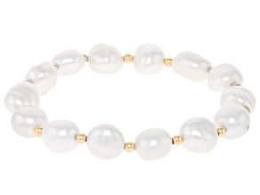 White Cultured Freshwater Pearl 14k Yellow Gold Stretch Bracelet