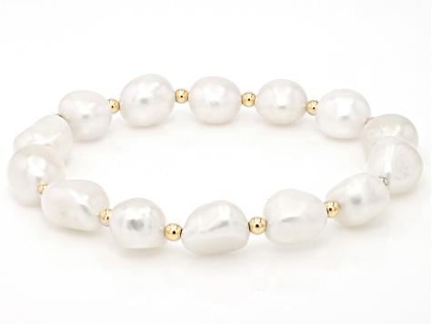 White Cultured Freshwater Pearl 14k Yellow Gold Stretch Bracelet