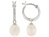 White Cultured Freshwater Pearl and White Zircon Rhodium Over Sterling Silver Earrings