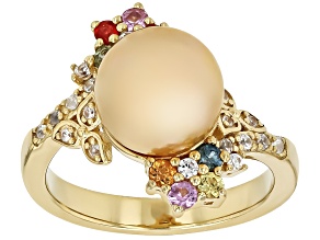 Golden Cultured South Sea Pearl Multi Sapphire and Zircon 18k Yellow Gold Over Sterling Silver Ring