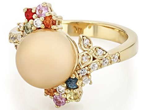 Golden Cultured South Sea Pearl Multi Sapphire and Zircon 18k Yellow Gold Over Sterling Silver Ring