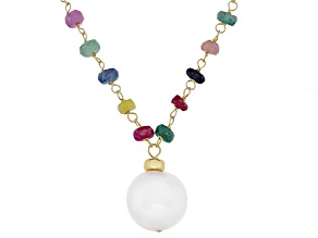 White Cultured Freshwater Pearl and Multi Sapphire 18k Gold Over Sterling Silver Necklace