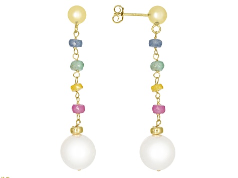 White Cultured Freshwater Pearl and Multi-Color Sapphire 18k Gold Over Sterling Silver  Earrings