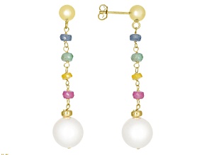 White Cultured Freshwater Pearl and Multi-Color Sapphire 18k Gold Over Sterling Earrings