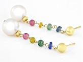 White Cultured Freshwater Pearl and Multi-Color Sapphire 18k Gold Over Sterling Silver  Earrings