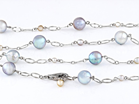Platinum Cultured Japanese Akoya Pearl Rhodium Over Sterling Silver Lariat Necklace