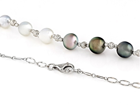 White Cultured South Sea & Platinum Cultured Tahitian Pearl Rhodium Over Sterling Necklace