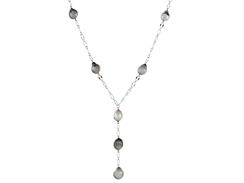 Platinum Cultured Tahitian Pearl Rhodium Over Sterling Silver Y Necklace