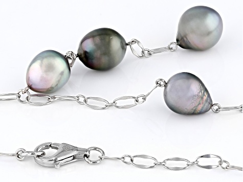 Platinum Cultured Tahitian Pearl Rhodium Over Sterling Silver Y Necklace