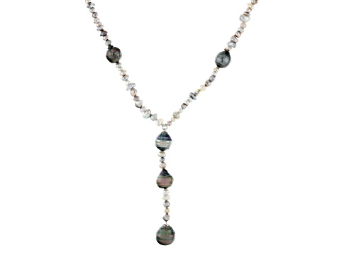 Cultured Keshi and Cultured Tahitian Pearl Rhodium Over Sterling Silver Y Necklace