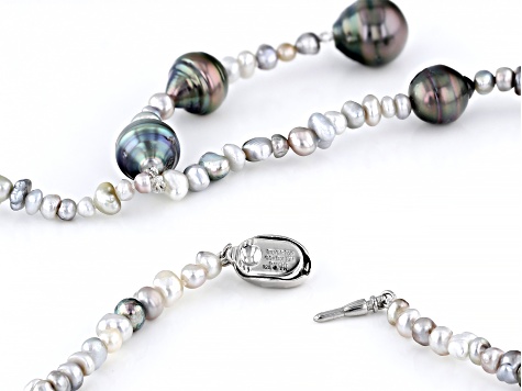 Cultured Keshi and Cultured Tahitian Pearl Rhodium Over Sterling Silver Y Necklace