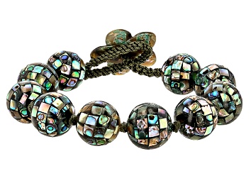 Picture of Multi-Color Abalone Shell Mosaic Bead Bracelet with Carved Flower Toggle