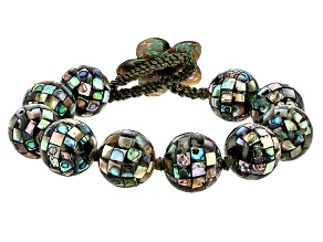 Multi-Color Abalone Shell Mosaic Bead Bracelet with Carved Flower Toggle