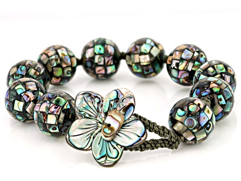 Multi-Color Abalone Shell Mosaic Bead Bracelet with Carved Flower Toggle
