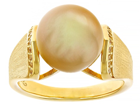 Golden Cultured South Sea Pearl with 0.16ctw White Zircon 18k Yellow Gold Over Sterling Silver Ring