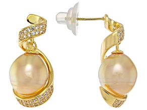 Golden Cultured South Sea Pearl & 0.61ctw White Zircon 18k Gold Over Sterling Earrings