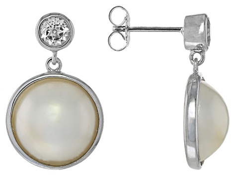 White Cultured South Sea Mabe Pearl With White Topaz Rhodium Over Sterling Silver Earrings