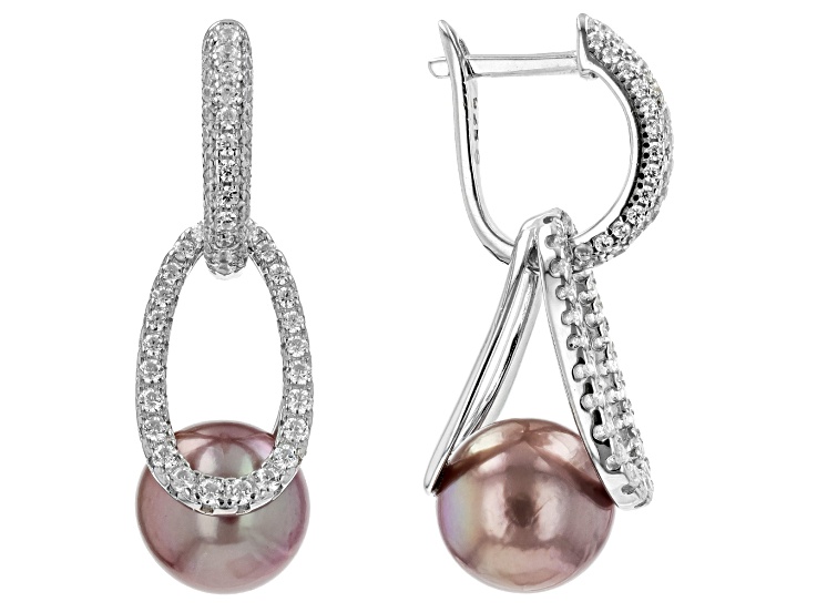 Pink Cultured Kasumiga Pearl With Cubic Zirconia Rhodium