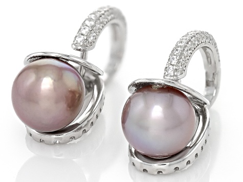 Pink Cultured Kasumiga Pearl With Cubic Zirconia Rhodium over Sterling Silver Drop Earrings