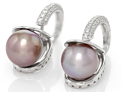 Pink Cultured Kasumiga Pearl With Cubic Zirconia Rhodium