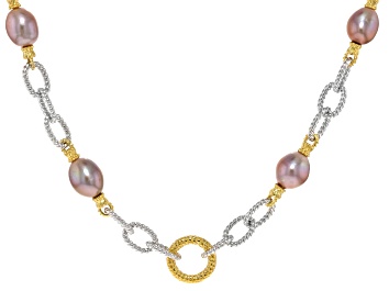 Picture of Purple Cultured Kasumiga Pearl Rhodium And 18k Yellow Gold over Sterling Silver Necklace