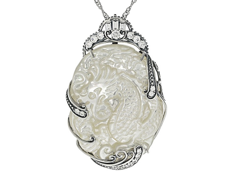 White Mother of Pearl Rhodium Over Sterling Silver Oxidized Carved Dragon Enhancer