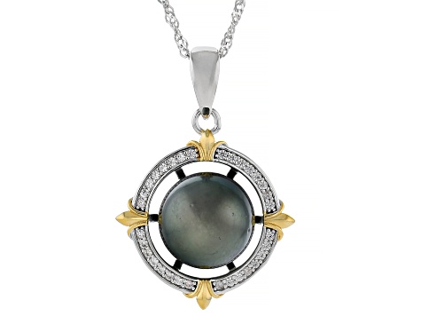 Cultured Tahitian Pearl & White Zircon Rhodium & 18k Yellow Gold Over Silver Pendant with Chain