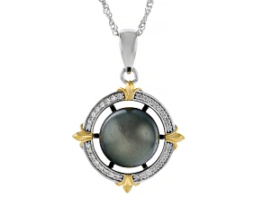 Cultured Tahitian Pearl & White Zircon Rhodium & 18k Yellow Gold Over Silver Pendant with Chain