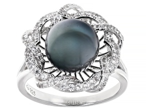 Cultured Tahitian Pearl With White Zircon Rhodium Over Sterling Silver Ring