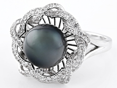 Cultured Tahitian Pearl With White Zircon Rhodium Over Sterling Silver Ring