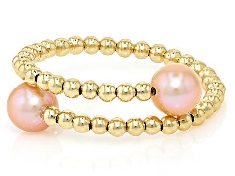 Pink Cultured Freshwater Pearl 14k Yellow Gold Adjustable Bypass Ring with Memory Wire