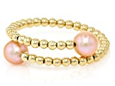 Pink Cultured Freshwater Pearl 14k Yellow Gold Adjustable Bypass Ring with Memory Wire